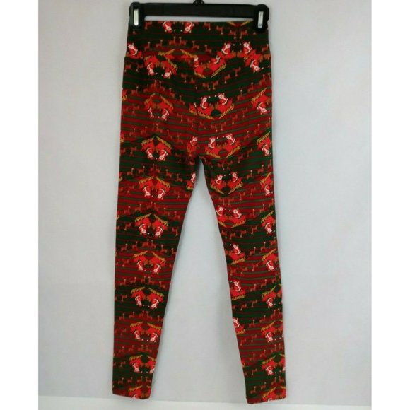 New LuLaRoe One Size Leggings Red & Green With Reindeer Pulling Santa's Sleigh - Picture 2 of 6
